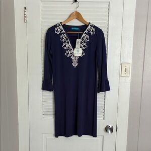 Tori Richard Dark Blue Dress with Cream Detailing